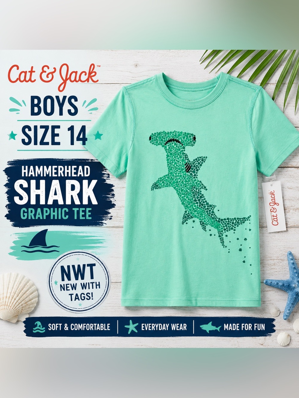 NWT Cat & Jack Girls Size 14 Mint Green Hammerhead Shark Graphic Tee